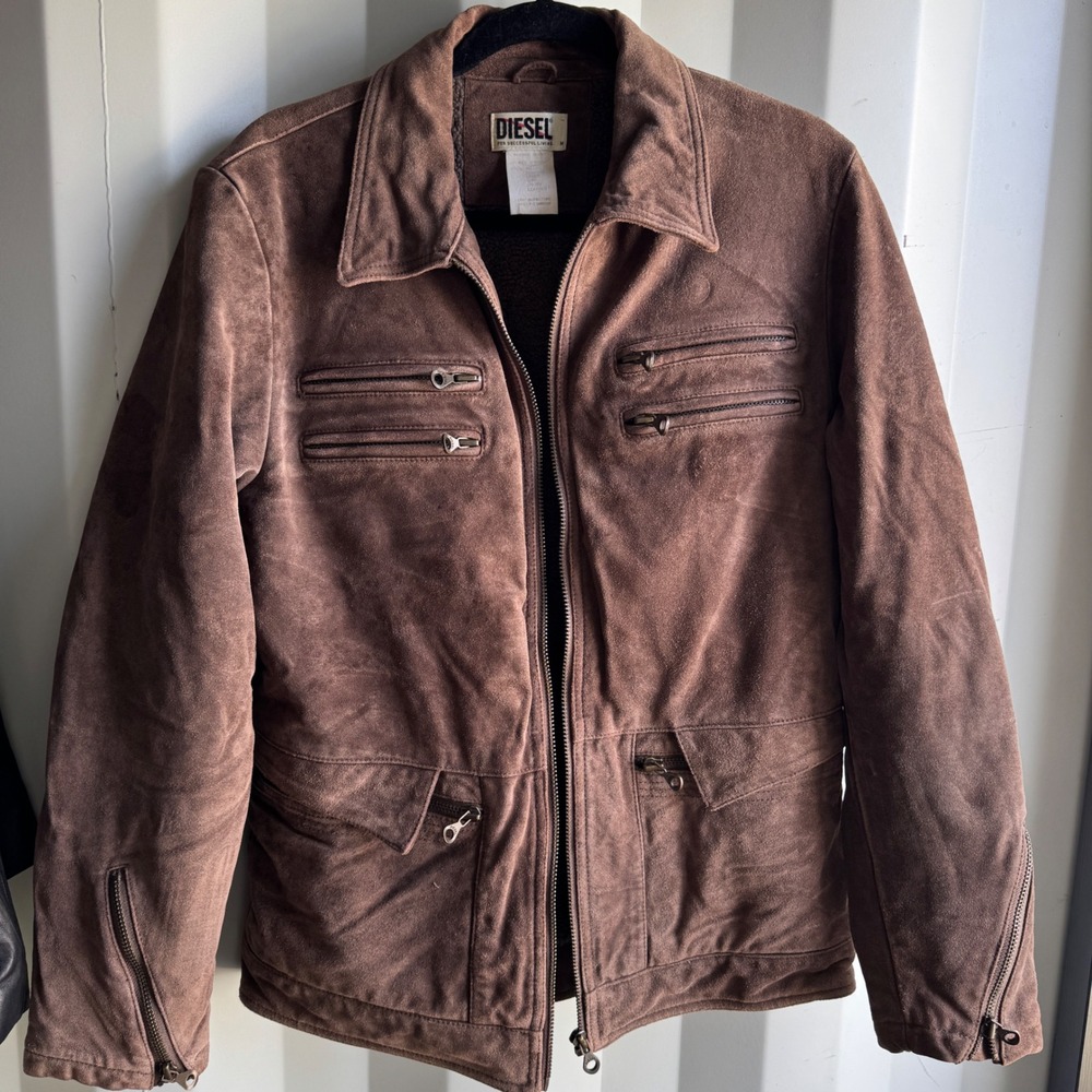 Diesel Suede Leather Jacket Mens M Brown Vintage 90s Y2K Shearling Lined Borg